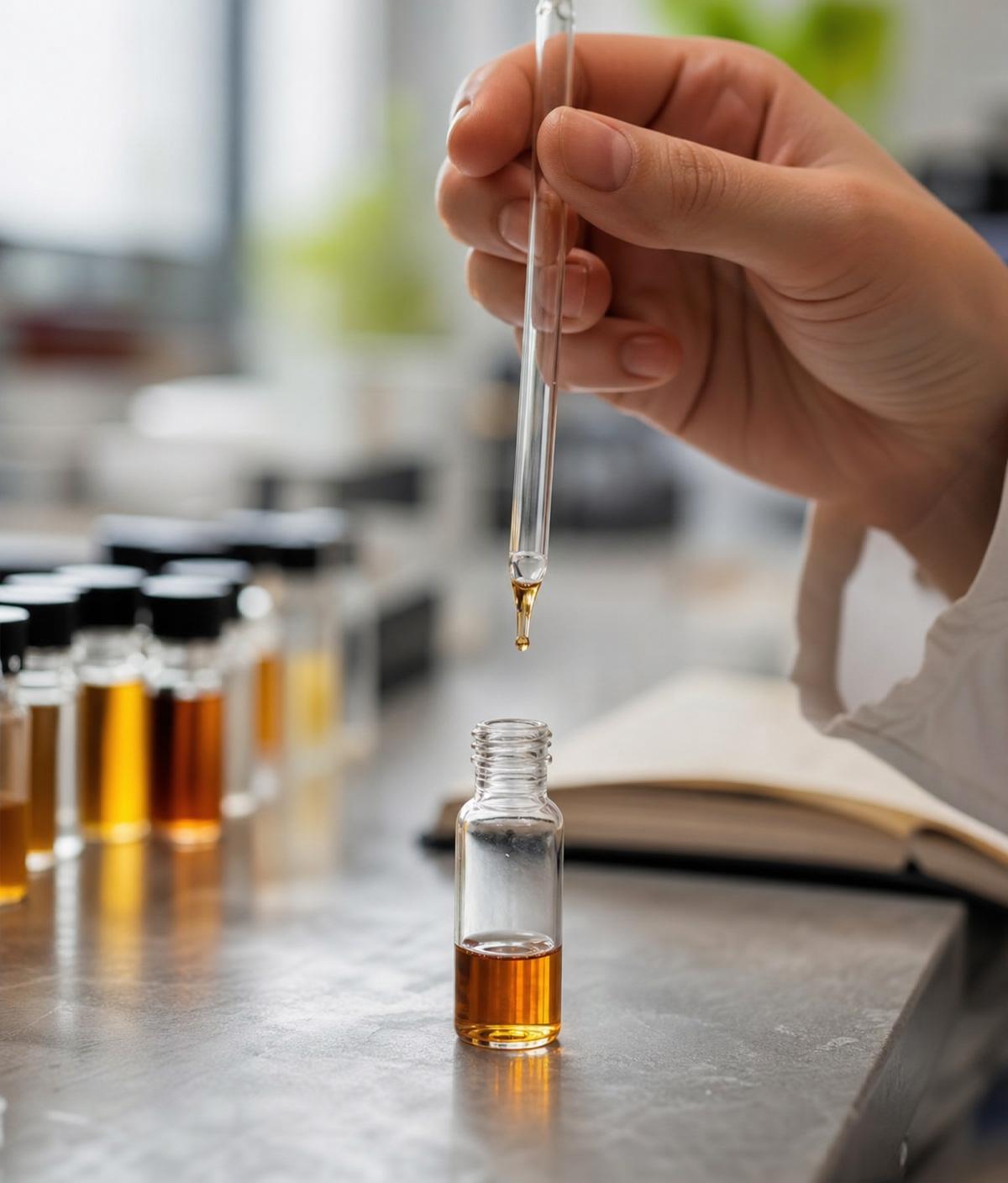 Amber flavour essence being pipetted into a glass vial
