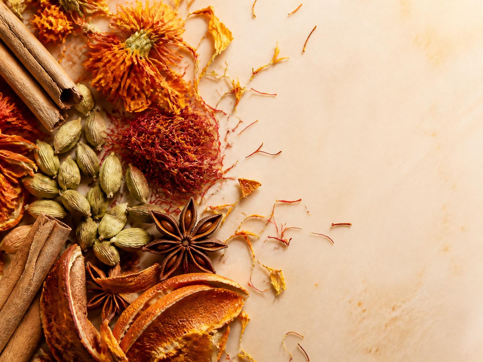 Indian spices and botanicals — saffron, cardamom, cinnamon, orange peel and star anise on a cream surface