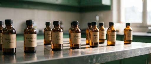Row of labelled proprietary flavour concentrates on the Savora lab bench