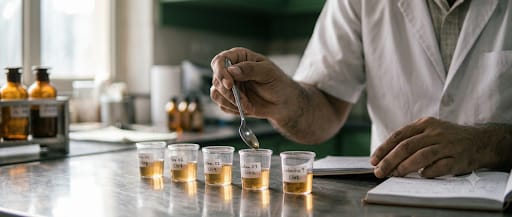 Savora flavourist spooning amber flavour samples into tasting cups during a sensory evaluation