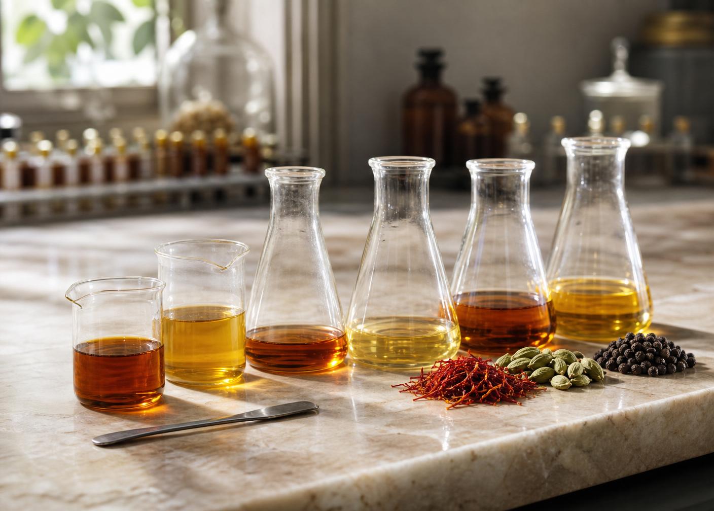 Laboratory beakers with amber flavour extracts on a marble surface